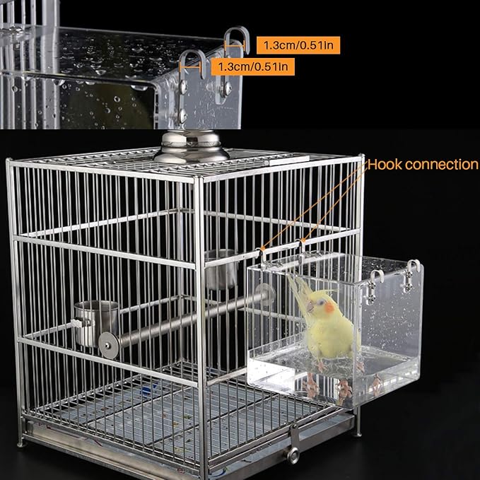 Bird Bath for Cage No-Leakage Upgrated Acrylic Clear Bird Bathtub Parrot Parakeets Shower for Cage Bathtub Box for Small Bird Parrot with 4 Hooks