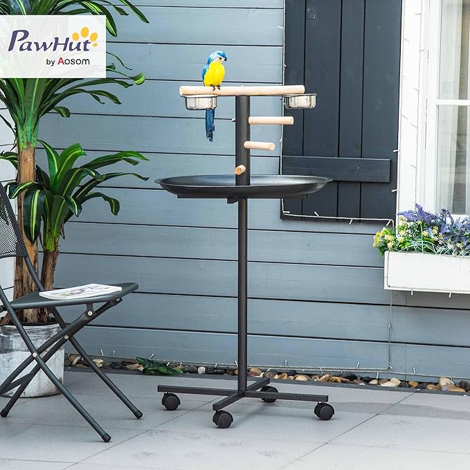PawHut Bird Play Stand, Portable Parrot Perch, Bird Feeder Station, with Four Wheels, Stainless Steel Feeding Bowls, Round Tray, Grey