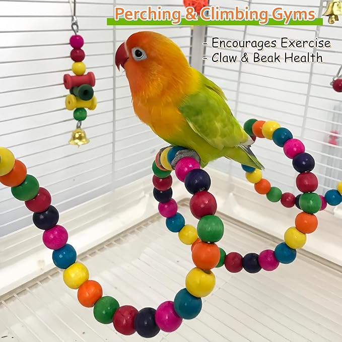 7 Packs Bird Toys for Parakeets, Colorful Parrot Toys with Swings, Bells, Beads, and Perches, Natural Wood Bird Cage Toys for Cockatiels, Lovebirds, Budgies, Conures, and Small Birds