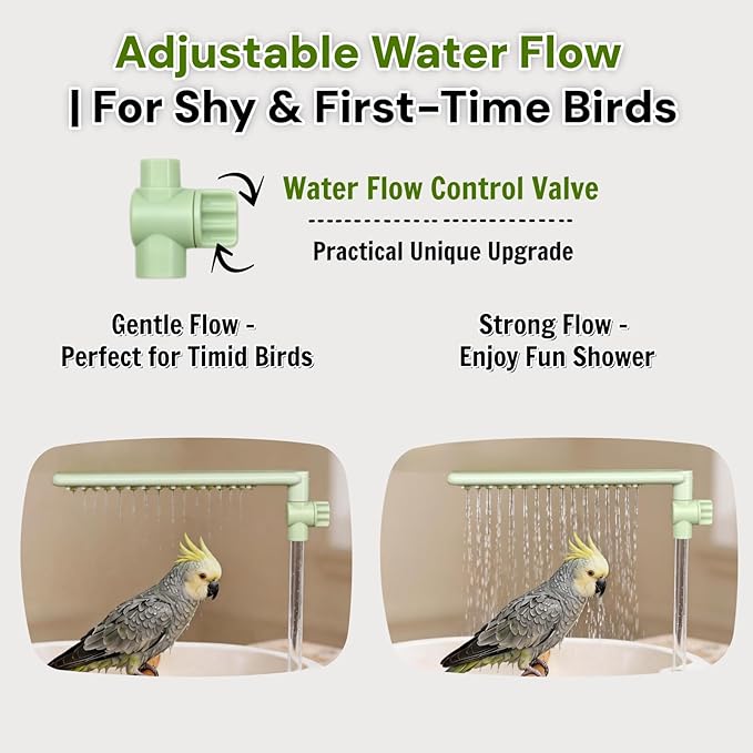 Bird Shower Parakeet Bath for Cage with Adjustable Water Flow Control Valve, Parrot Shower Bath for Budgies with Plug, Automatic Circulating Water Fountain for Pet Bird, Cockatiel, Conure(green pipe)