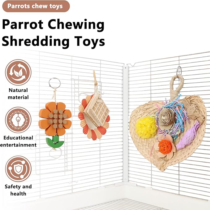 Parrot Chew Toys Set - Natural Wood & Loofah Toys with Plant-Based Dyes, 3 Pack Bird Chew Toys for Cockatiels, Conures & Small Parrots for Cage Enrichment (3 Pieces ofcolor Series)