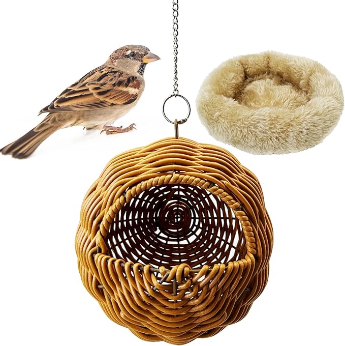 Rattan Birds Nest for Cage Hanging Parakeet House Chewproof Parrot Breeding Bed Small Budgies Hideout Swing Hut Bird Cage Accessories for Lovebirds Cockatiel Conure Finch Canary (Brown)