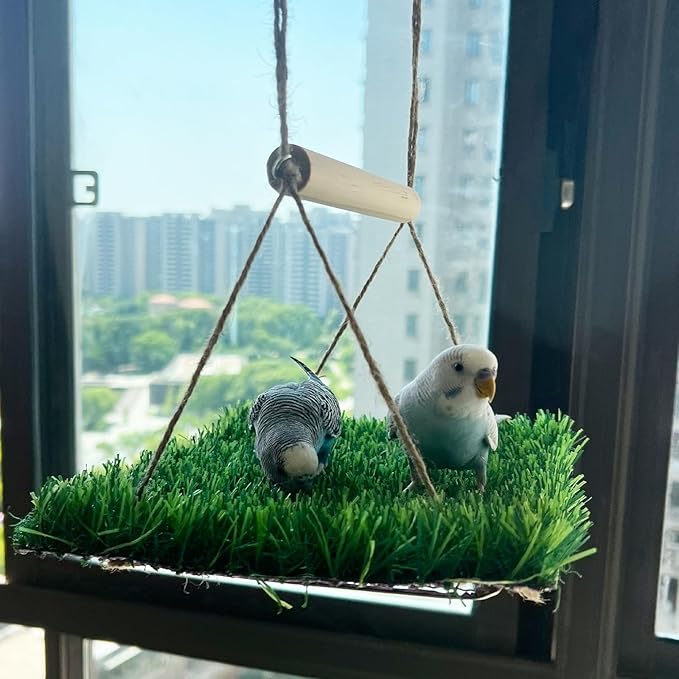 FlidRunest Bird Swing Mat with Wood Perch, Lawn Swing Hammock for Parrot, Simulated Grass Bird Swing Mat Hanging Climbing Hammock for Parakeet, Budgie, Conure, Cockatiel, Lovebird, Canary