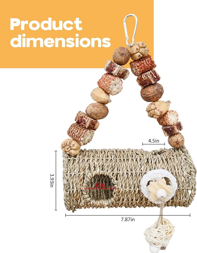 Bird Nest for Cage with Natural Chewing Toys,Hideaway Shelter Hut Parakeet Hanging Bird Tunnel Bed with Handwoven Breathable Seagrass, Small Parakeet Bed for Canary, Budgie Rest & Chew & Play(SD)