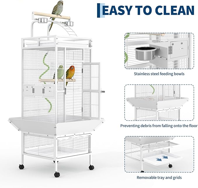 GarveeHome 60" h Bird Cage, Parakeet Cage with Playtop, Bird Rope Perche, Feed Bowls, White Parrot Cage for Parakeets, Conures, Cockatiel, Cockatoo