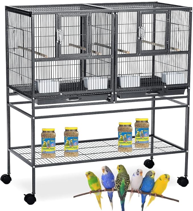 Single Stack Sturdy Wrought Iron Combo Breeding Stacker Center Divided Breeder Bird Flight Double Rolling Cage with Side Breeding Nest Door