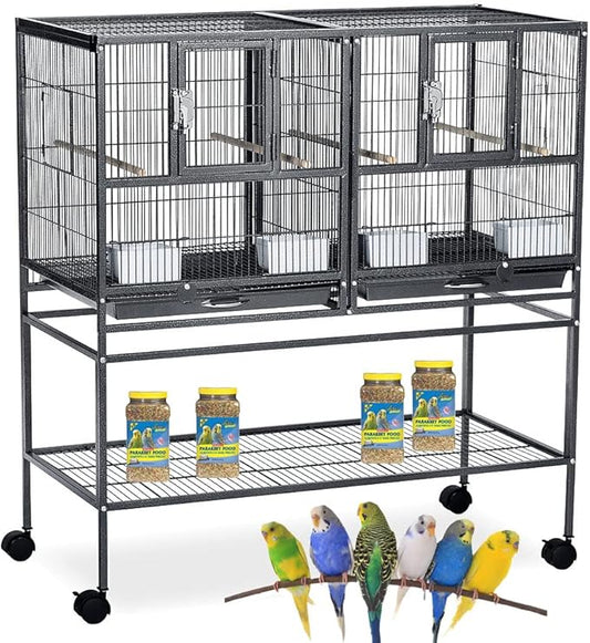 Single Stack Sturdy Wrought Iron Combo Breeding Stacker Center Divided Breeder Bird Flight Double Rolling Cage with Side Breeding Nest Door