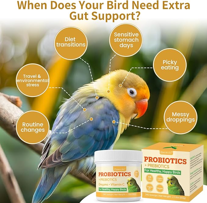 Bird Probiotic Powder for Gut Balance, Digestive & Immune Support – 10 Billion CFU Probiotic + Prebiotic with Vitamin C & Oregano – Molting & Stress Support for All Birds - Parakeet Parrot Cockatiel