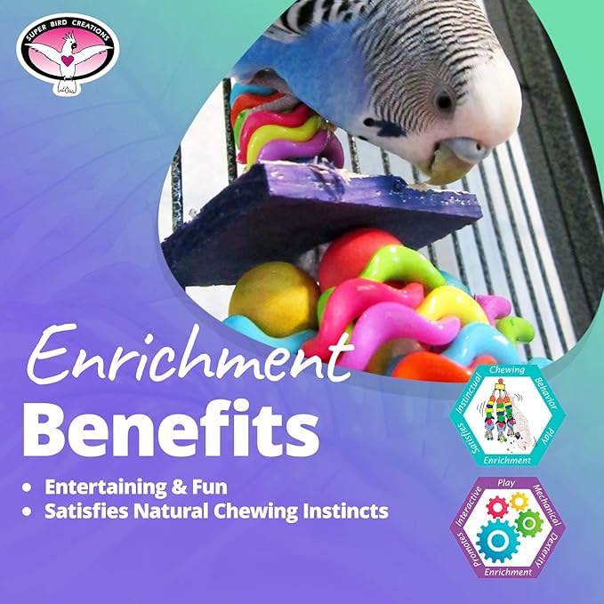 Super Bird Creations SB736 Wiggles and Wafers Bird Toy - Interactive Enrichment for Parrots, Quakers, Caiques, Pionus, Senegals - Wooden, Acrylic Beads, Pacifiers - Medium Bird Size, 3” x 5” x 9”