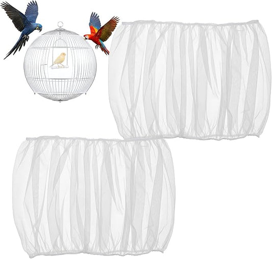 2Pcs Bird Cage Seed Catcher, Adjustable Bird Cage Skirt Cover, White Stretchy Birds Cages Netting for Round Square Parrot Parakeet Macaw African Cages