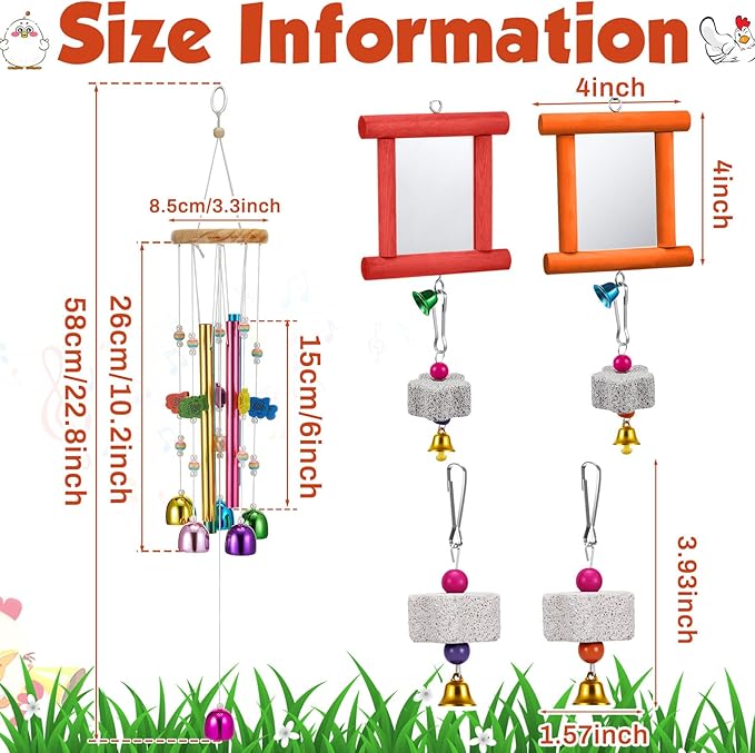 VioraWhite 7 Pcs Chicken Toys, Hanging Chicken Wind Chime, 2 Pcs Coop Mirror Toys with Bells 4 Pack Beak Grinding Stones, Musical Coop Accessories for Hen Rooster Chick Poultry Birds(Red, Orange)