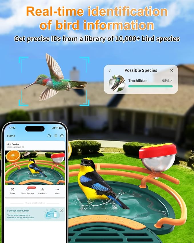 Bird Feeder with Camera, 2K HD Camera Birds Feeder with AI Bird Recognition, Solar Powered Smart Birdfeeder with Bath, App Control, Color Night Vision, Gift Box Package, Easy Install