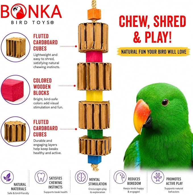 Bonka Bird Toys 3750 Big Quad Blocks N Cube 12" Wood and Metal Hanging Chew Toy for Medium to Large Birds Parrot Cage Enrichment