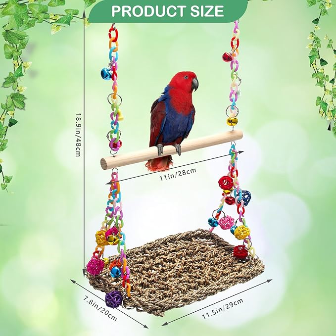 Bird Swing Mat with Wood Perch, AHIER Seagrass Bird Hammock for Conures with Chewing Toy for Parakeets, Budgie, Cockatiel Cage Accessories