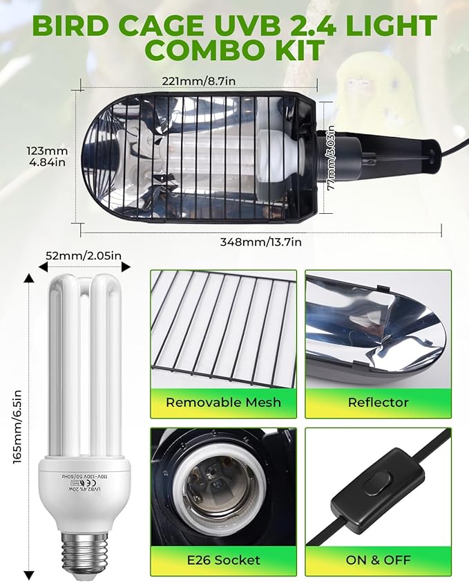 GlowUp UVB 2.4 Bird Cage Light Combo Kit, 20W UVB Bird Light Bulb, Deep U-Shaped Lamp Fixture with Compact Fluorescent Bulb E26 for Captive Birds, Reptiles