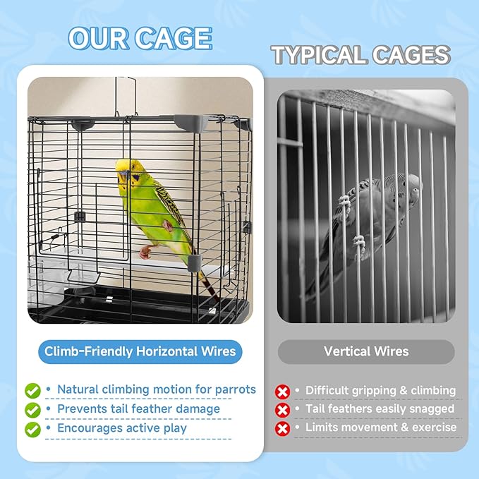 Small Bird Cage - 12x12x14.6 in Lightweight Travel Outdoor Birdcage for Parakeets, Budgies & Canaries and More Small Birds, Bird Carrier with Handle, Stand, Removable Tray, Portable for Hanging, Black