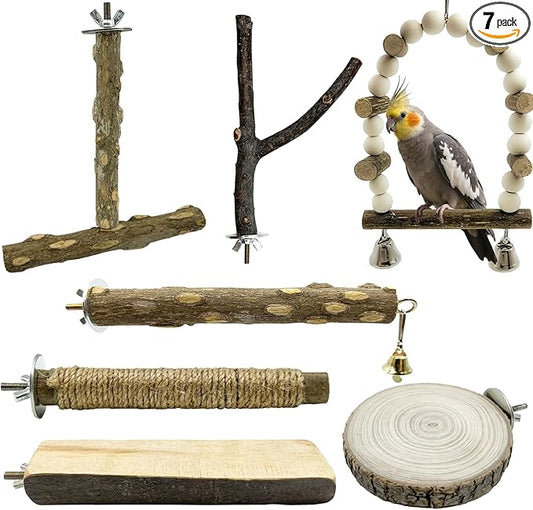 7Pcs Natural Wooden Bird Perch Set – Parrot Perch Toys, Wooden Perch Swing, Cage Accessories for Budgies, Cockatiels, Lovebirds, Finches, and Other Small to Medium Birds