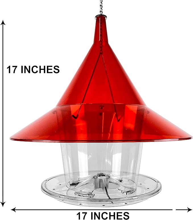 Sky Cafe Squirrel Proof Bird Feeder for Outside - Very Large, 17 in. Diameter, 1.5 Gallon Birdseed Capacity - Made in USA (Ruby Red) - Free Squirrel Mug