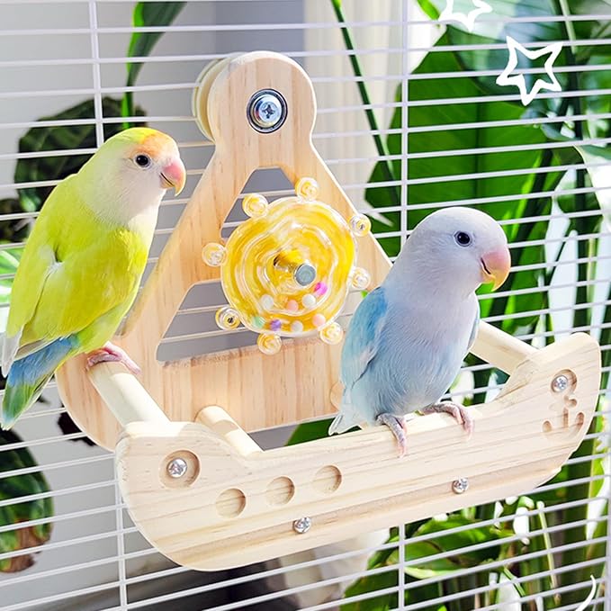 2 in 1 Interactive Bird Toys,Nature Wooden Swing Parrot Toys with Spinner Rattle Bell, Cockatiel Toy Bird Cage Accessories for Parakeets, Cockatiels & Conures etc (Free Size, Boat Style)