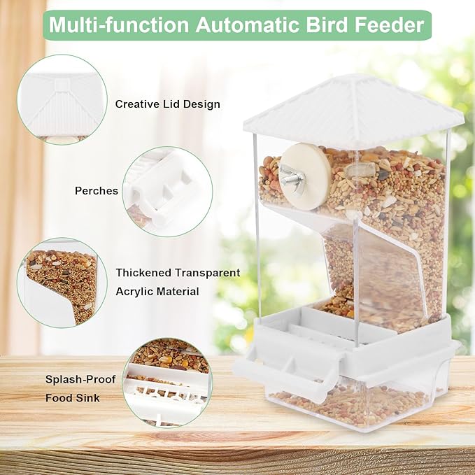 No Mess Automatic Bird Feeder for Cage, with Perch Acrylic Transparent No Spill Birds Feeder Bird Cage Accessories for Parakeets Lovebirds Canary Cockatiel Finch（White）