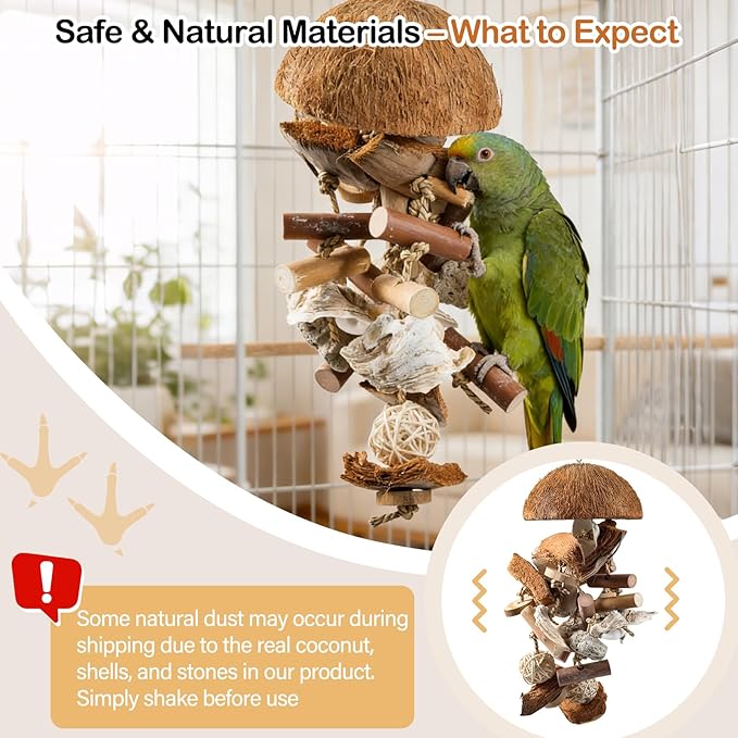 Natural Bird Toys for Parrots – 18in Handmade Shredding & Foraging Toy with Coconut Shells, Wood Blocks & Lava Stones – Parrot Toys for Sun Conures, Conures, Caiques, Cockatiels, Quaker Parrots