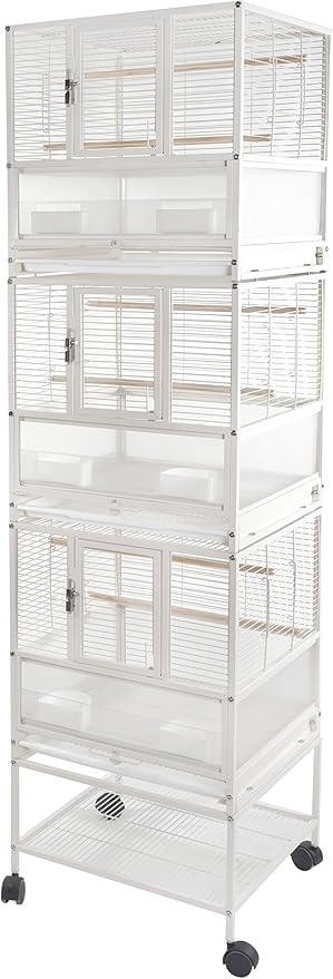 Stackable Breeding Bird Cage with Splash-Proof Baffle, Rolling Stand with Wheels, for Aviaries, Canaries, Cockatiels, Lovebirds, Finches, Budgies, Small Parrots, White. (3F)