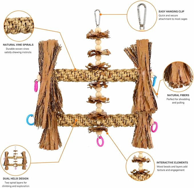 Bonka Bird Toys 1557 Duo Natural Helix Bird Toy 12" with Vine Wood and Natural Fibers 8.5" W for Small to Medium Parrots Budgie Cockatiel Conure Chewing Foraging Cage Toy