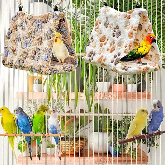 2 Pack Bird Nest Plush Snuggle Bird Hammock Hanging Bird Cave Parrot Sleeping Bed Shed Hut Hanging Tent for Budgies Finch Parakeet Cockatiel Cockatoo Lovebird-Foot Pattern (Brown&White)