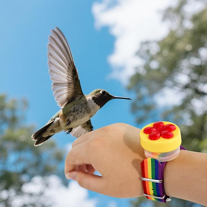 4 PCS Hummingbird Ring Feeder, Hand Held Hummingbird Feeders Hummingbirds Wrist Feeder with Adjustable Strap and 2 Cleaning Brush Mini Hand Feeding Tools for Outdoors Window (Colorful)