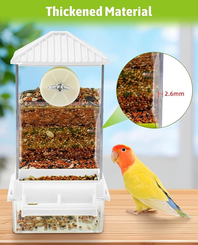 Hamiledyi Automatic Bird Feeder 2 Pcs No Mess Bird Cage Feeder Seed Food Container with Perch Transparent Parrot Cage Accessories for Parakeets, Budgies, Cockatoos, Finches, Lovebirds (White)