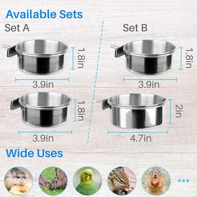 2pcs Parrot Food Bowl Bird Feeding Coop Cups Stainless Steel Water Dish Hanging Feeder for Conure Budgies Macaw Rabbit (A Set)