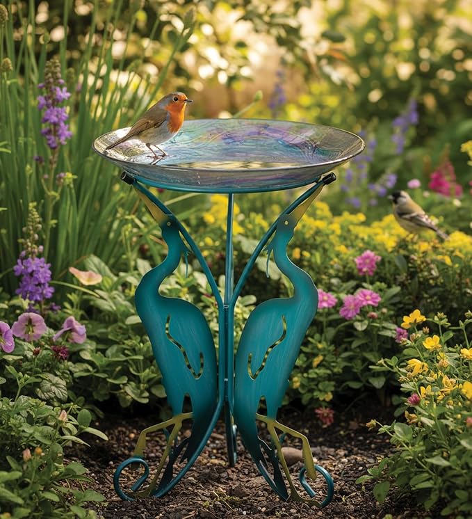 Regal Art & Gift 25" Bird Bath with Decorative Stand - Durable Glass Bowl with Heavy-Duty Metal Stand, Easy to Fill, Ideal for Patio, Porch & Garden Décor - Heron