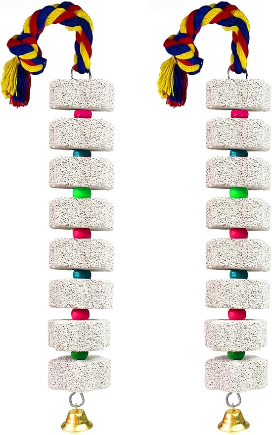 2Pcs Parrot Chewing Toy, Bird Beak Grinding Calcium Stone Toys with Bell, Bird Perch Cage Toys for Cockatiel Parakeet Parrot Budgies Rat Hamster Rabbit Bunny African Grey