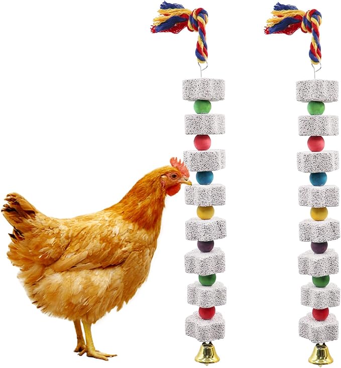 2 Pack Large Chicken Chewing Toy, Chick Beak Grinding Calcium Stone with Bells, Cage Accessories for Bird Parrot Cockatiel Parakeet Budgies Rat Hamster Rabbit Bunny African Grey Guinea Pig Chinchilla