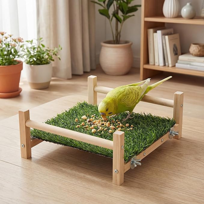 AceOrbit Bird Foraging Bed with Grass Mat 9.06 x 7.87 x 3.94 Inch Parrot Foraging Toy Hammock Bed Wood Frame Easy Install with Hardware Kit for Small Birds Cage Enrichment