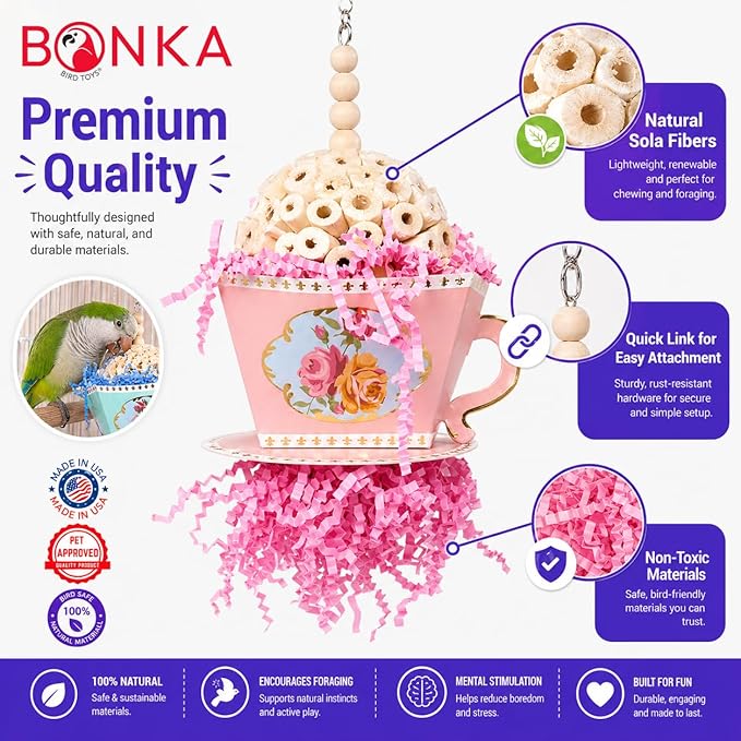 Bonka Bird Toys 2447 Blue Sola Teacup 8" x 4" Natural Sola Ball Cardboard Tea Cup Wood Beads for Caiques Conures Quakers Ringnecks and Similar Bird Chewing Toy