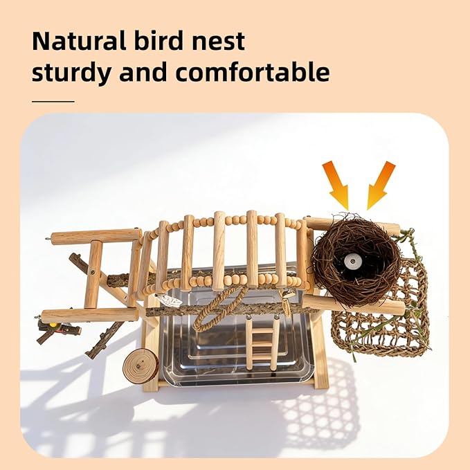 Multi-Level Bird Play Stand with Rope & Bell Toys | Natural Wooden Parrot Play Stand with Ladder & Swing | Ideal for Small to Medium Birds | Great for Cockatiels & Parakeets