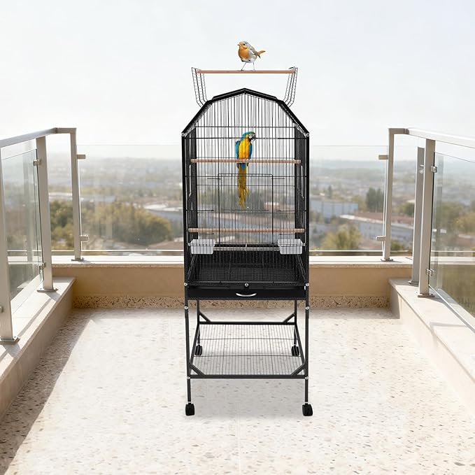 Large Bird Cage, Movable Pet Bird Flight Cages with Wheels Openable Roof Slide-Out Tray, Panorama Bird Aviary 18.11 * 18.11 * 53.54in for Parrots Sparrows Budgerigars(Black Style2)