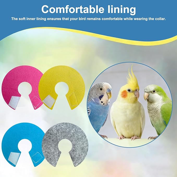 4 PCS Bird Anti-Bite Elizabethan Collar, Recovery Cone Bird Collar,Anti-Grab Feather Plucking Wound Healing Safety Collar, Soft Adjustable Felt Neck Protector for Budgerigar Cockatiel Cockatoo Parrots