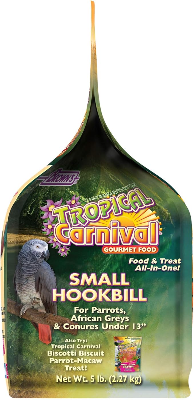 F.M. Brown's Tropical Carnival Gourmet Bird Food for Parrots, African Greys, and Conures Under 13", Probiotics for Digestive Health, Vitamin-Nutrient Fortified Daily Diet - 5 lb.