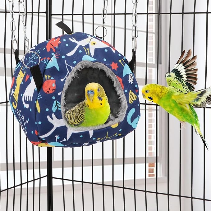 Wontee Bird Plush Hammock Parrot Hanging Snuggle Cave Happy Hut Tent for Parakeet Cockatiel Conure Lovebird Budgie Hamster Gerbil Rat Chinchilla Squirrel Cage (S, Blue Cat)