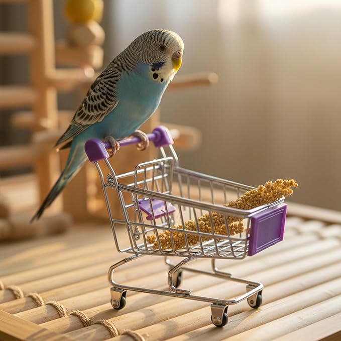 Hypeety Bird Toys Mini Shopping Handcart Trolley Parrot Intelligence Training and Playing Toy for Parakeets Budgies Cockatiel Conures Caique Quaker Lovebirds (Purple)