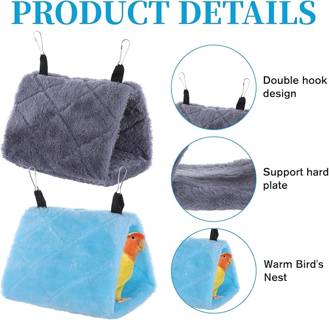 2 PCS Warm Bird Nest House, Bird Bed for Cage Accessories Hanging Hammock House Plush Snuggle Hideaway Cave Bed Tent for Pet Parrot, Parakeets, Cockatiels, Lovebirds, Macaw, Budgies (Blue, Grey)