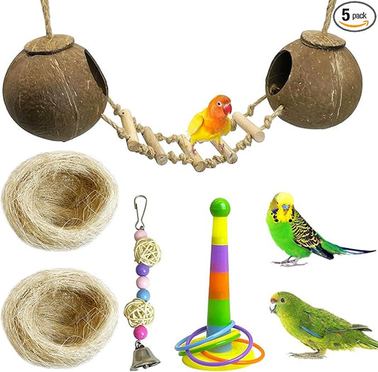 kathson 5Pcs Bird Coconut House with Ladder Parakeet Coconut Nest for Cages Parrot Hut Hanging Natural Coconut Fiber Conure Chewing Toys for Cockatiel Budgie Lovebird Cockatoos