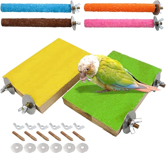 6 Pcs Bird Perch Stand Toy, Wood Parrot Stand Platform Colorful Sand Paw Grinding Stick Cage Accessories Exercise Toys for Cockatiel Conure Budgies Parakeet Lovebird Hamster Gerbil Rat Mouse (6 Pcs)