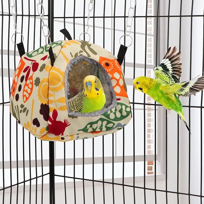 Wontee Bird Plush Hammock Parrot Hanging Snuggle Cave Happy Hut Tent for Parakeet Cockatiel Conure Lovebird Budgie Hamster Gerbil Rat Chinchilla Squirrel Cage (S, Beige Pattern)