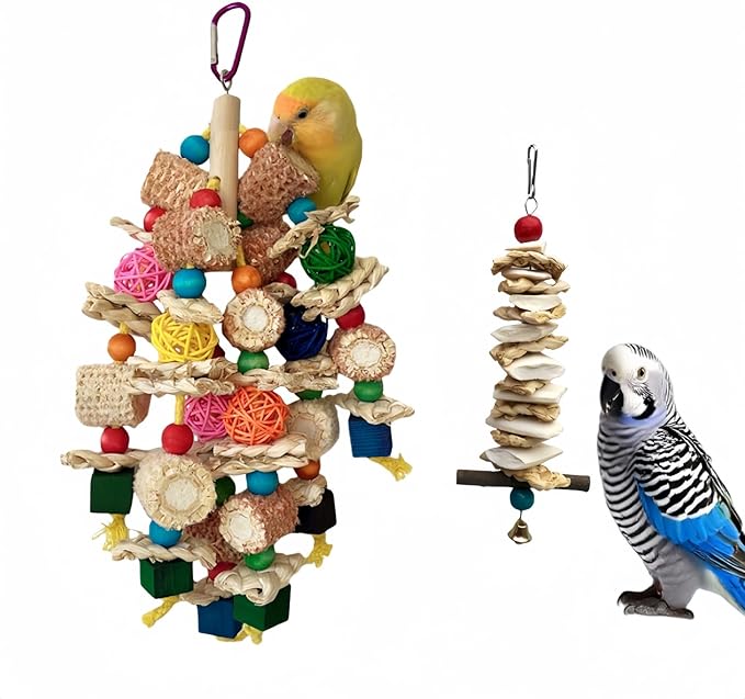 Bird Parrot Toys for Cage, 2 Pack Chew Toys with Corn Cob, Cuttlebone & Colorful Blocks for Small to Medium Parrots Like Parakeets, Conures, Cockatiels (Colorful Toy + Cuttlefish Bone)