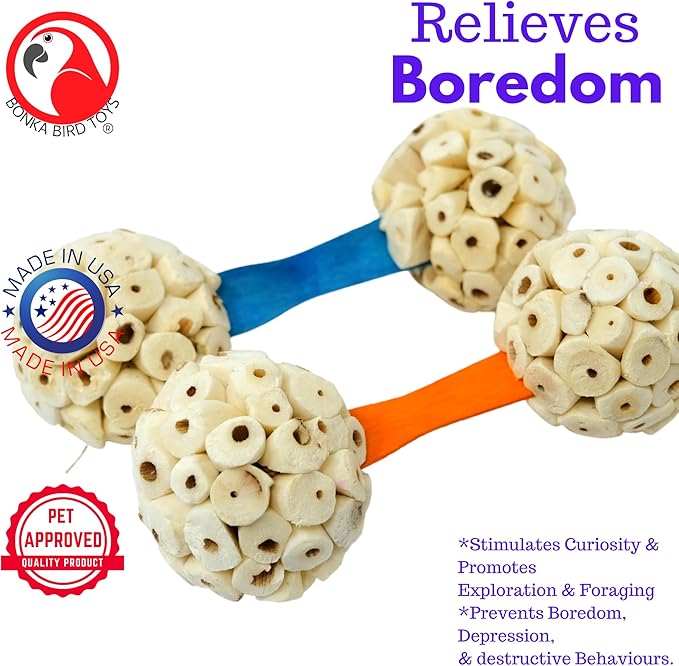 Bonka Bird Toys 2965 PK2 Natural Sola Dumbbell 4" x 1.5" Natural Wood and Sola Ball Toy for Small to Medium Birds for Chewing and Enrichment Conure Parakeet Amazon and Similar