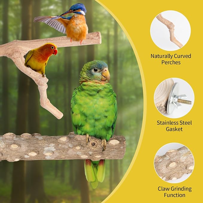 Bird Perch Stand, Pole Standing Natural Wood Bird Perch Set 7PCS Paw Grinding Fork Parrot Cage Branch with Rope Cage Accessories Toys for Parakeets, Cockatiels, Conure, Budgies (Brown 2)