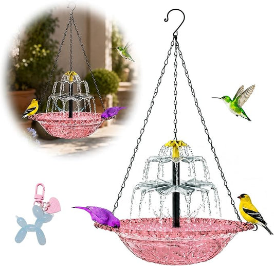 Hanging Bird Bath with Textured Bowl and Metal Chains, Solar Fountains with Cascade Flow for Outdoor Garden, Patio, and Yard Decor (Pink(L))